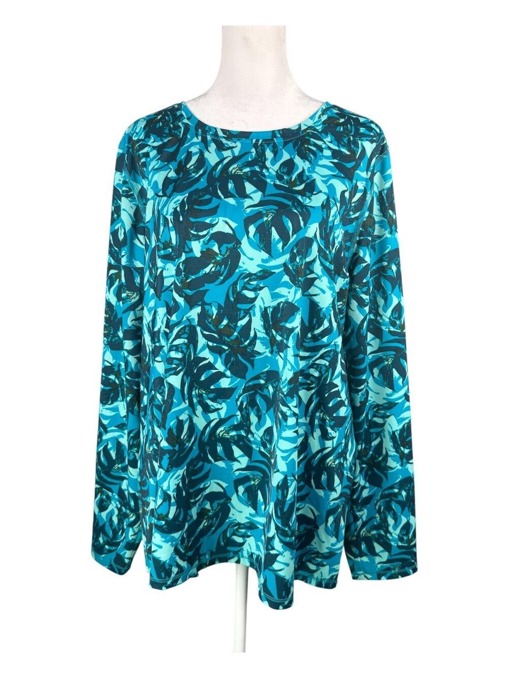 LL Bean Women's XL SunSmart UPF 50+ Long Sleeve Rash Guard Swim Top Blue Leaves
